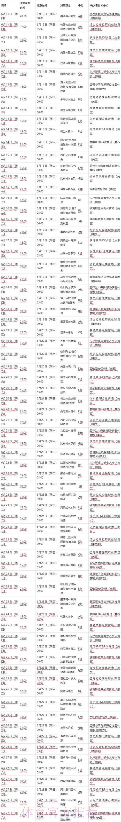 2026世界杯赛事时间安排表
