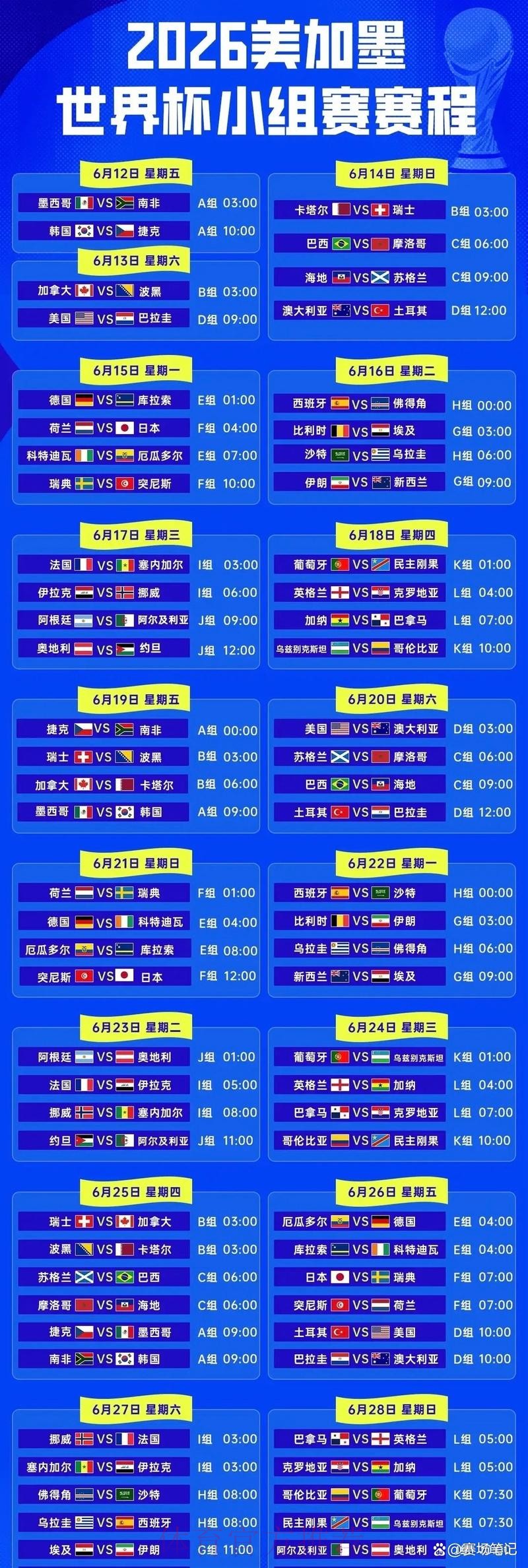 2026世界杯赛事时间安排表